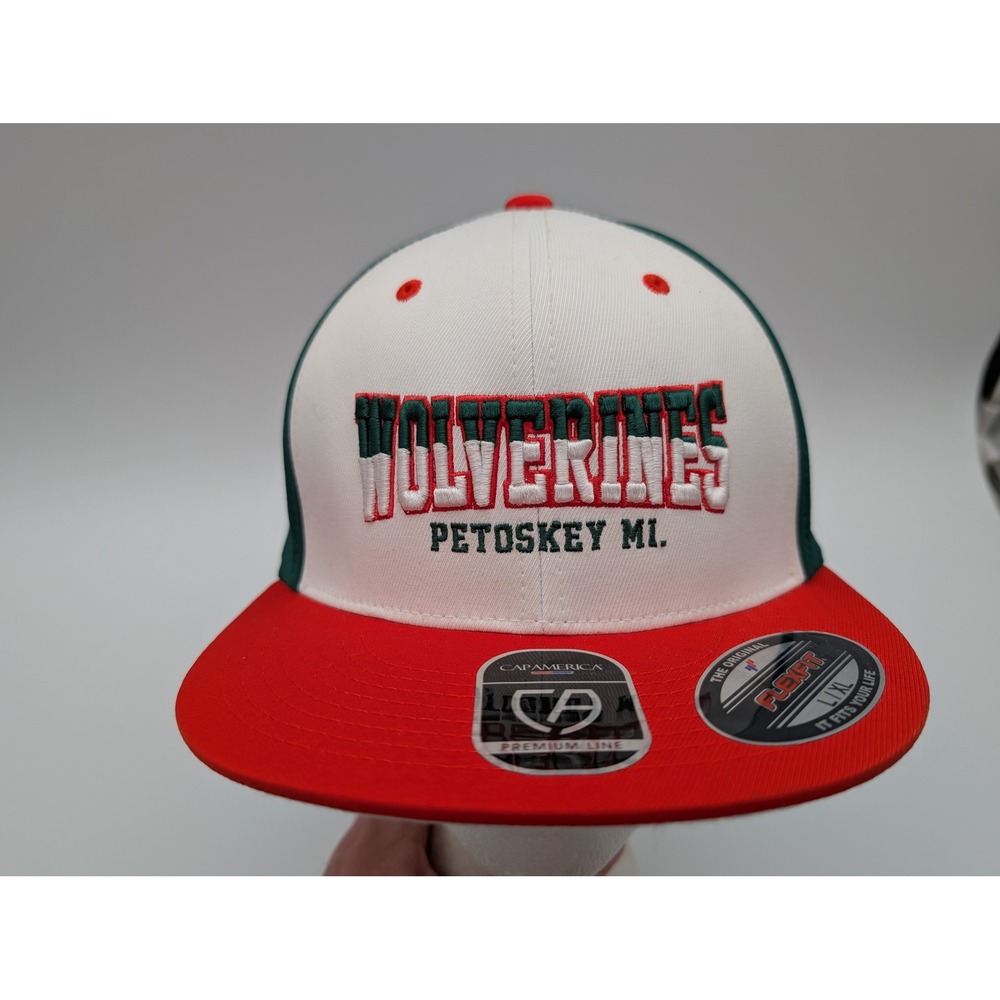 Cap America Flexfit Custom Petoskey MI Wolverines Hat Green Red White L/XL 8503